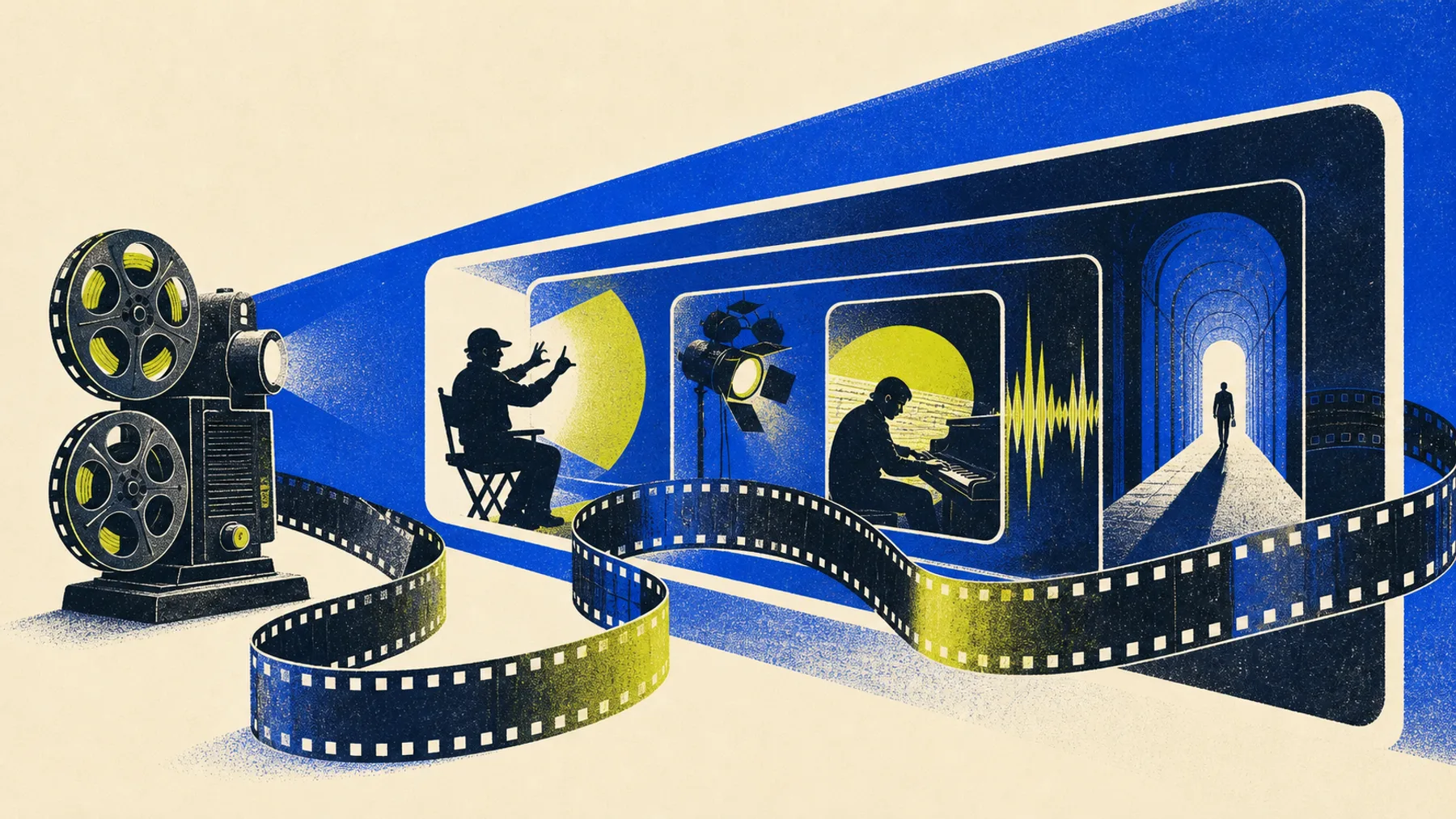 A film projector casting light through a sequence of cinematic frames